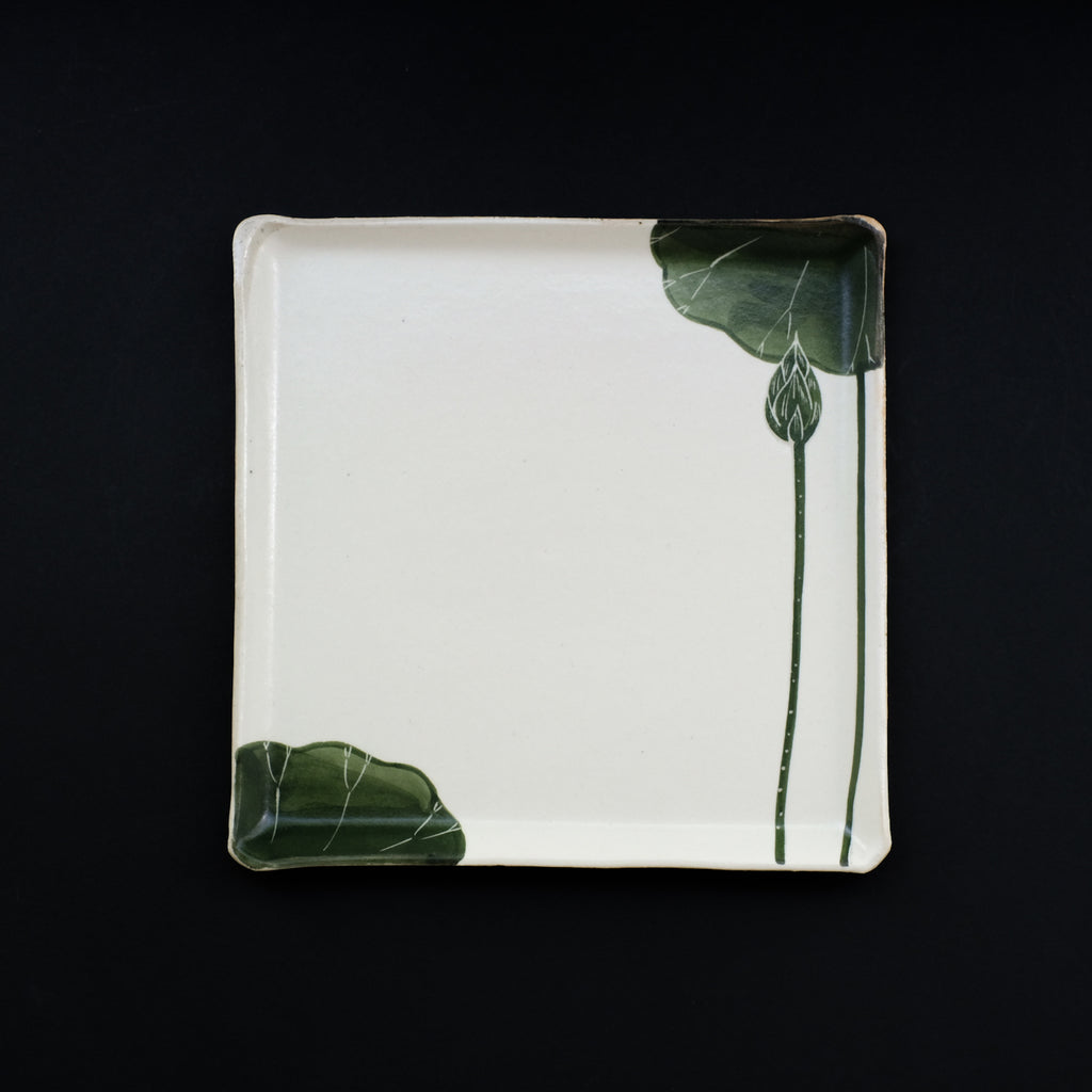 大谷桃子  緑ハス角皿 (L)    Momoko Otani Green lotus square plate ( L )